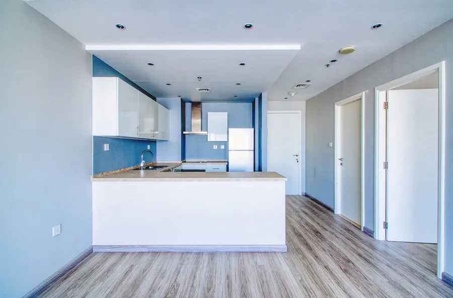 A modern kitchen and living space are shown.